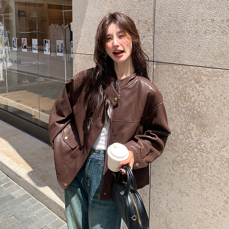 安可拉红立领皮衣外套女春秋新款又酷又飒时髦美式减龄pu皮夹克