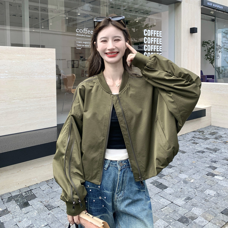 韩系军绿色宽松拉链短外套女