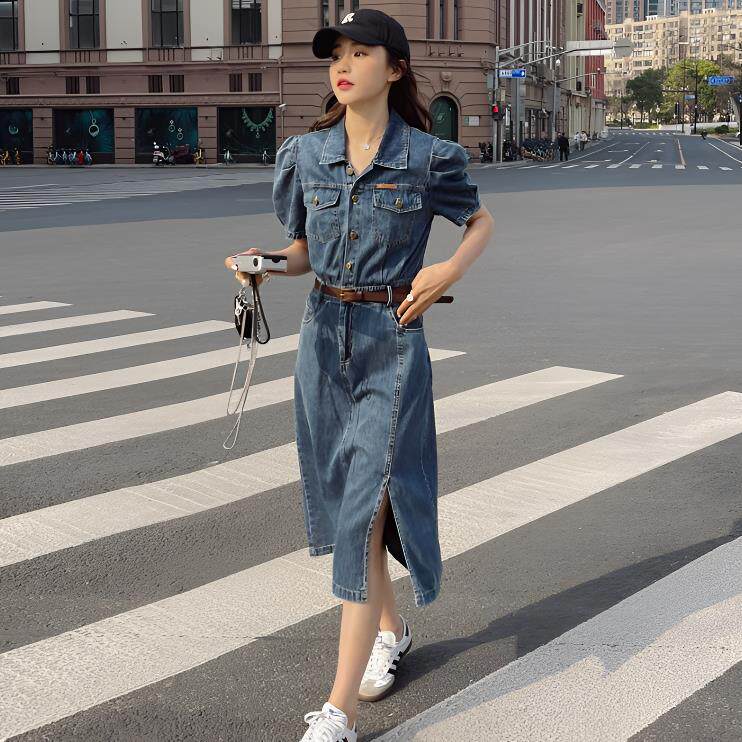 港味复古牛仔连衣裙女夏季新款气质设计感薄款开叉显瘦直筒衬衫裙