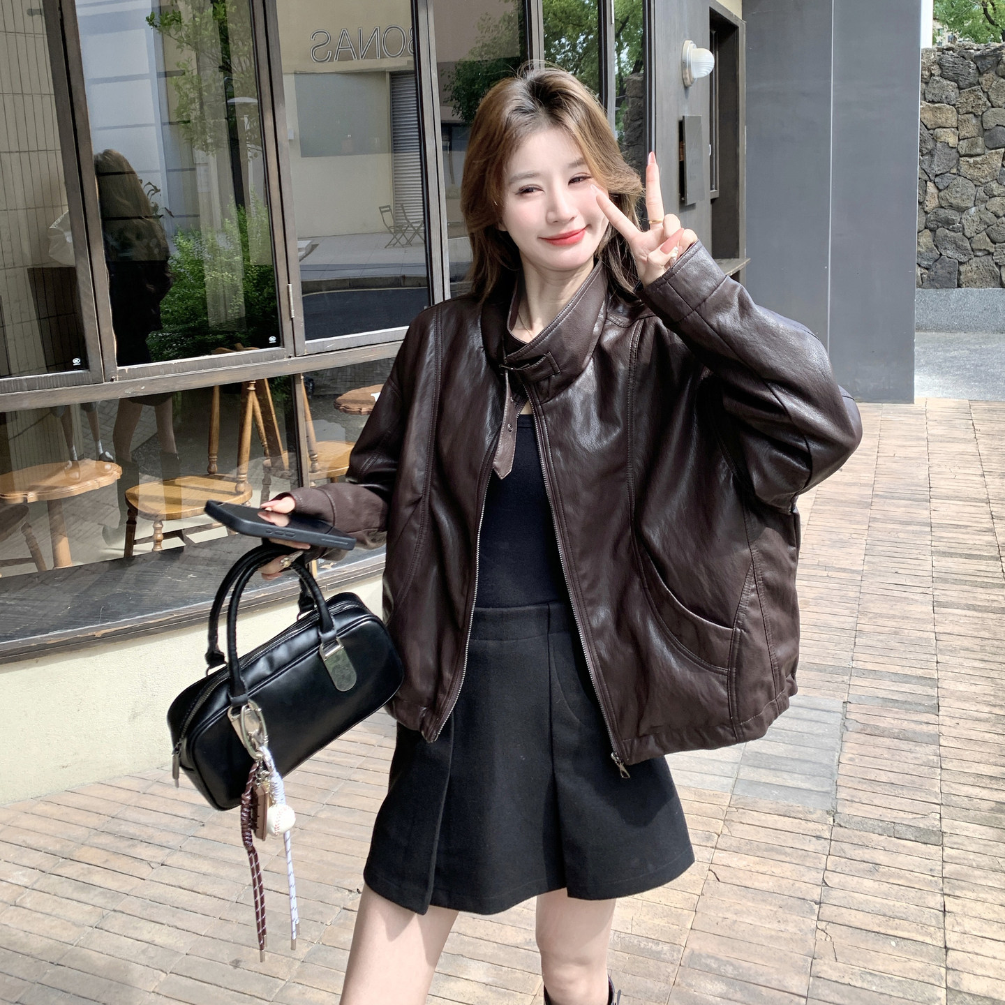 咖色复古立领PU皮衣女春秋季新款设计感短款显瘦休闲宽松夹克外套