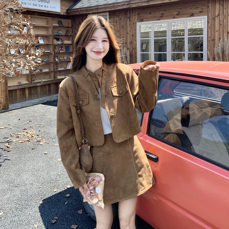 美拉德复古麂皮绒外套半身裙套装女秋季新款机车风又酷又飒两件套