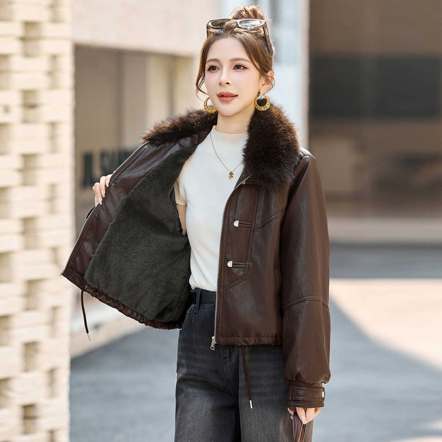 美拉德毛领机车PU皮衣棉服外套女2026秋冬新款宽松显瘦防风皮棉衣