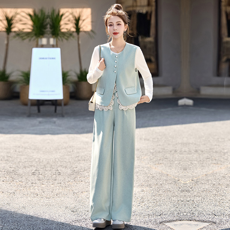温柔风穿搭一整套蕾丝拼接马甲套装长裤女夏显瘦气质阔腿裤两件套