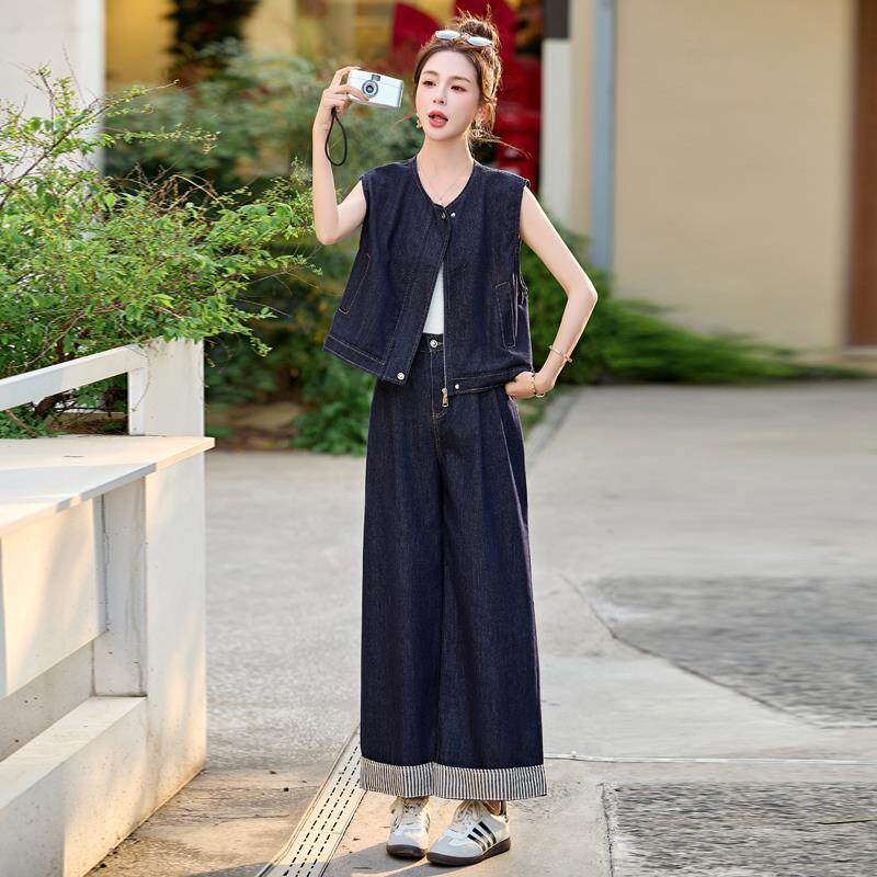 薄款牛仔马甲套装蕾丝拼接阔腿裤女夏无袖气质减龄穿搭长裤两件套
