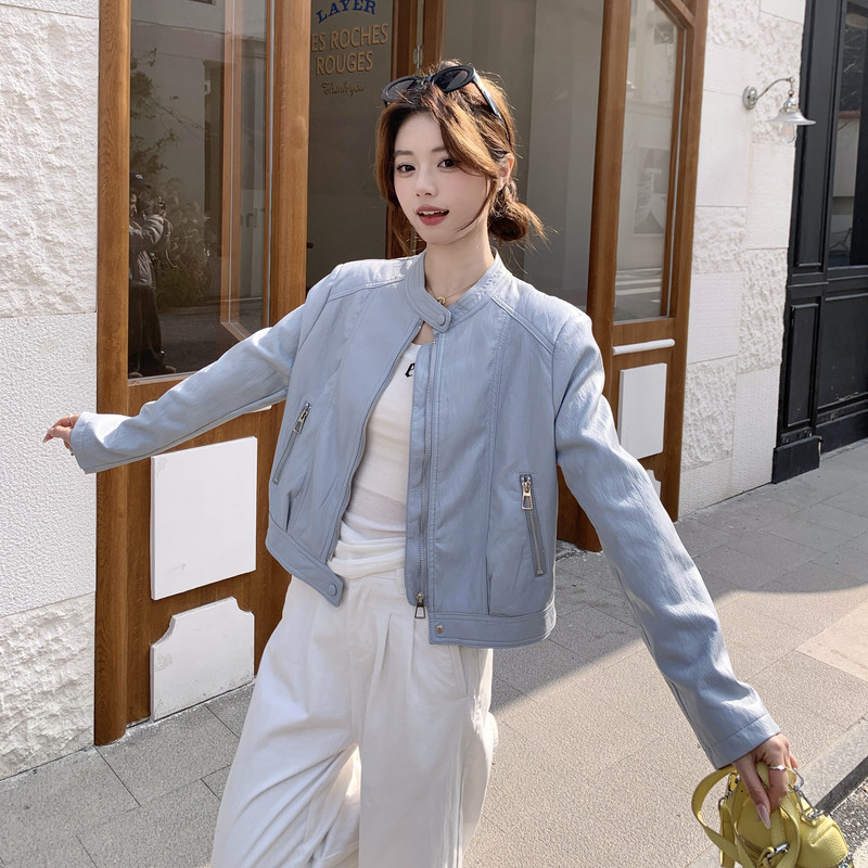 韩系极简风短款蓝色皮衣外套女