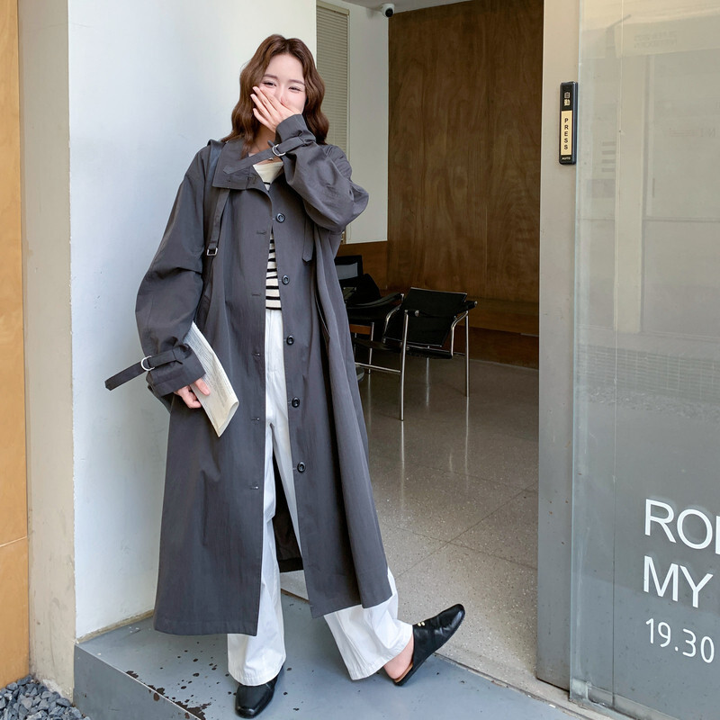 韩系灰色长款立领风衣外套女