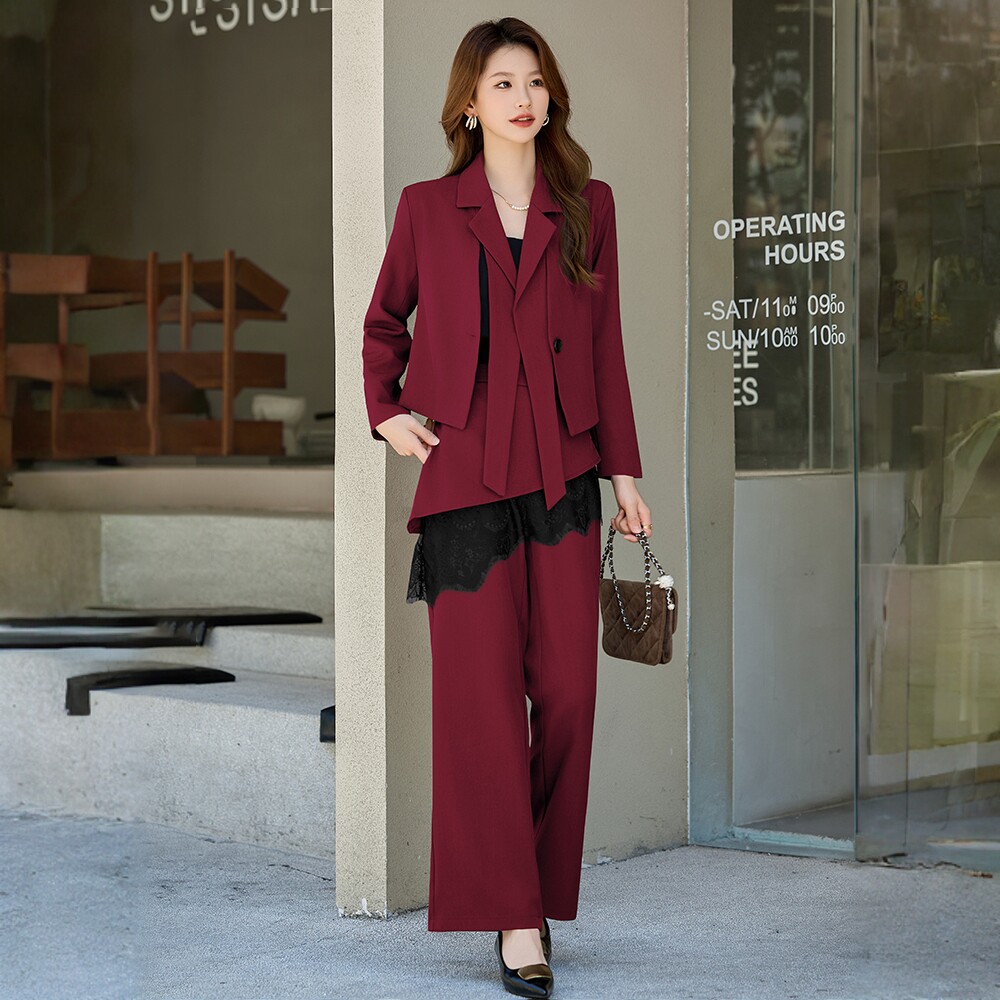 高级感时尚蕾丝拼接西装两件套女春秋巨好看一整套减龄直筒裤套装