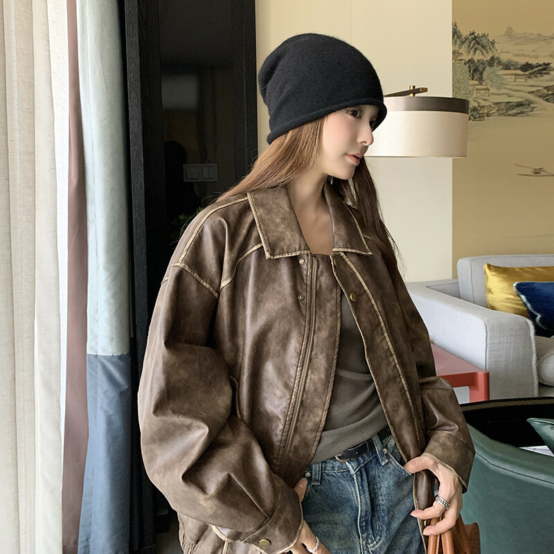 美式复古做旧棕色皮衣外套女
