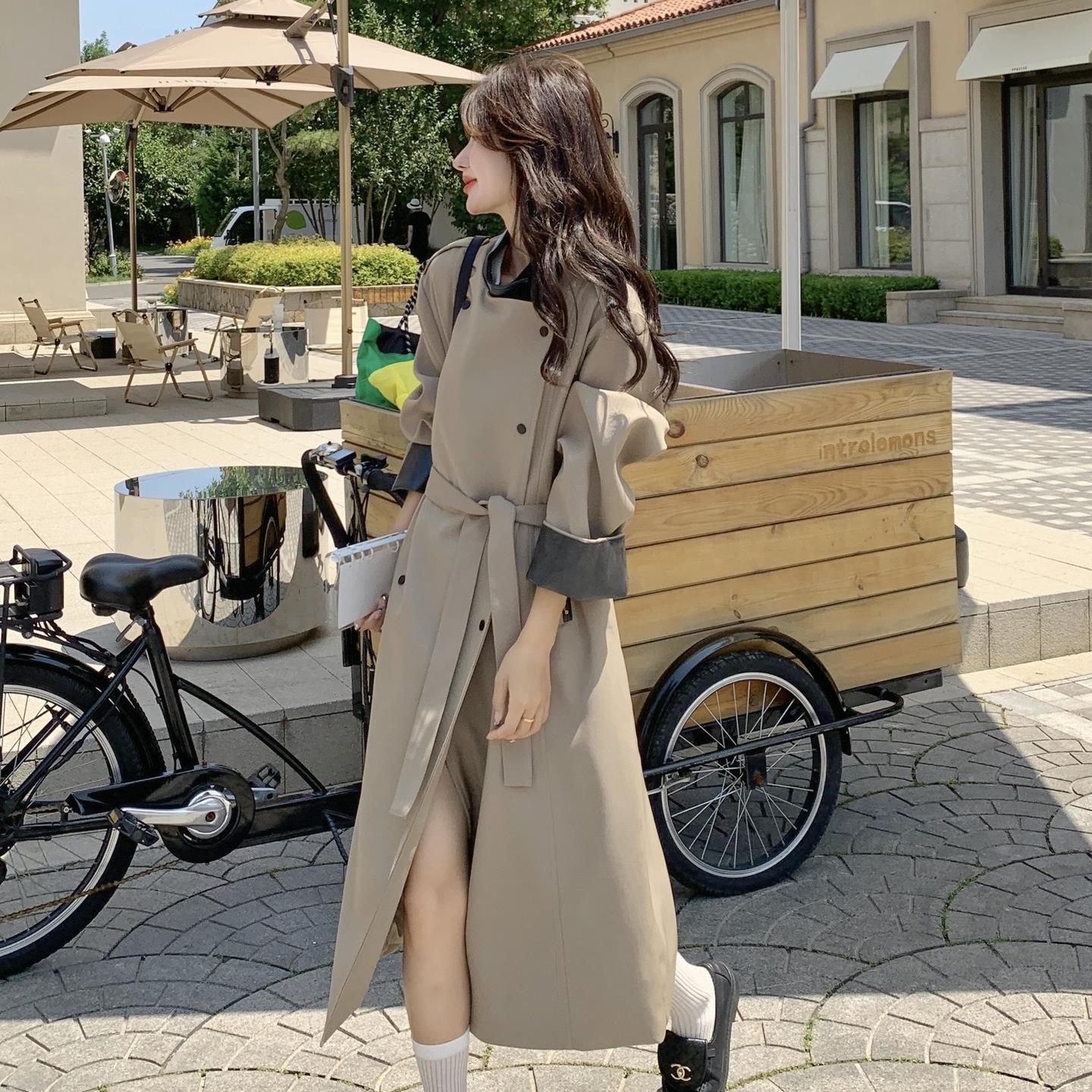 撞色拼接韩版长款卡其色风衣外套女春秋2025新款高级感巨好看大衣