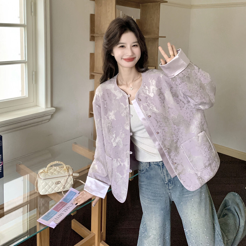 新中式长袖圆领提花紫色短外套女