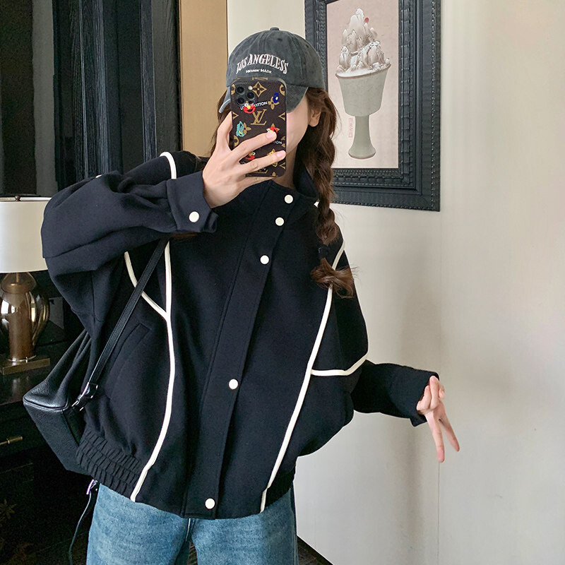 黑色美式复古棒球服外套女
