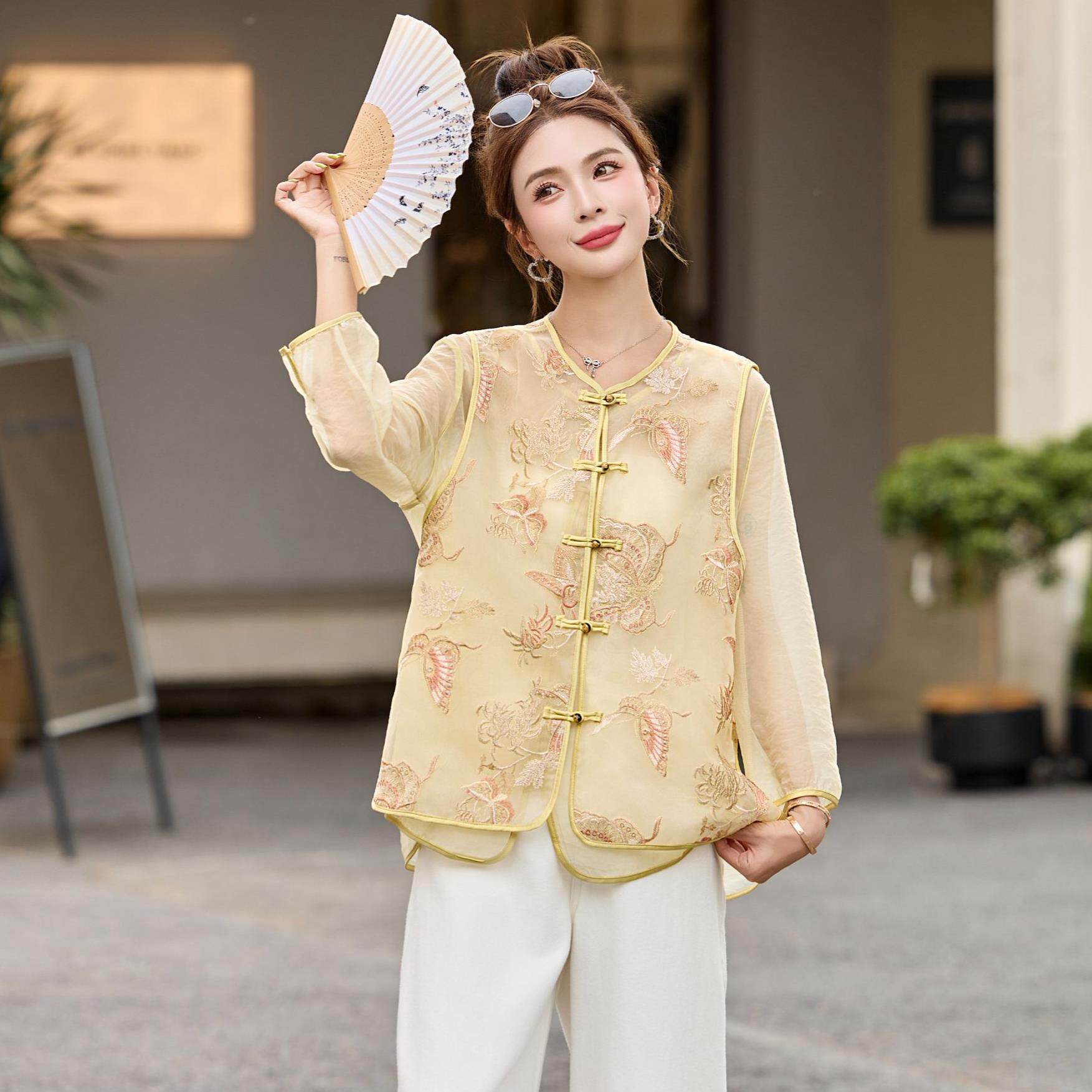 新中式提花微透马甲套装女夏季新款国风背心真丝防晒衬衫两件套