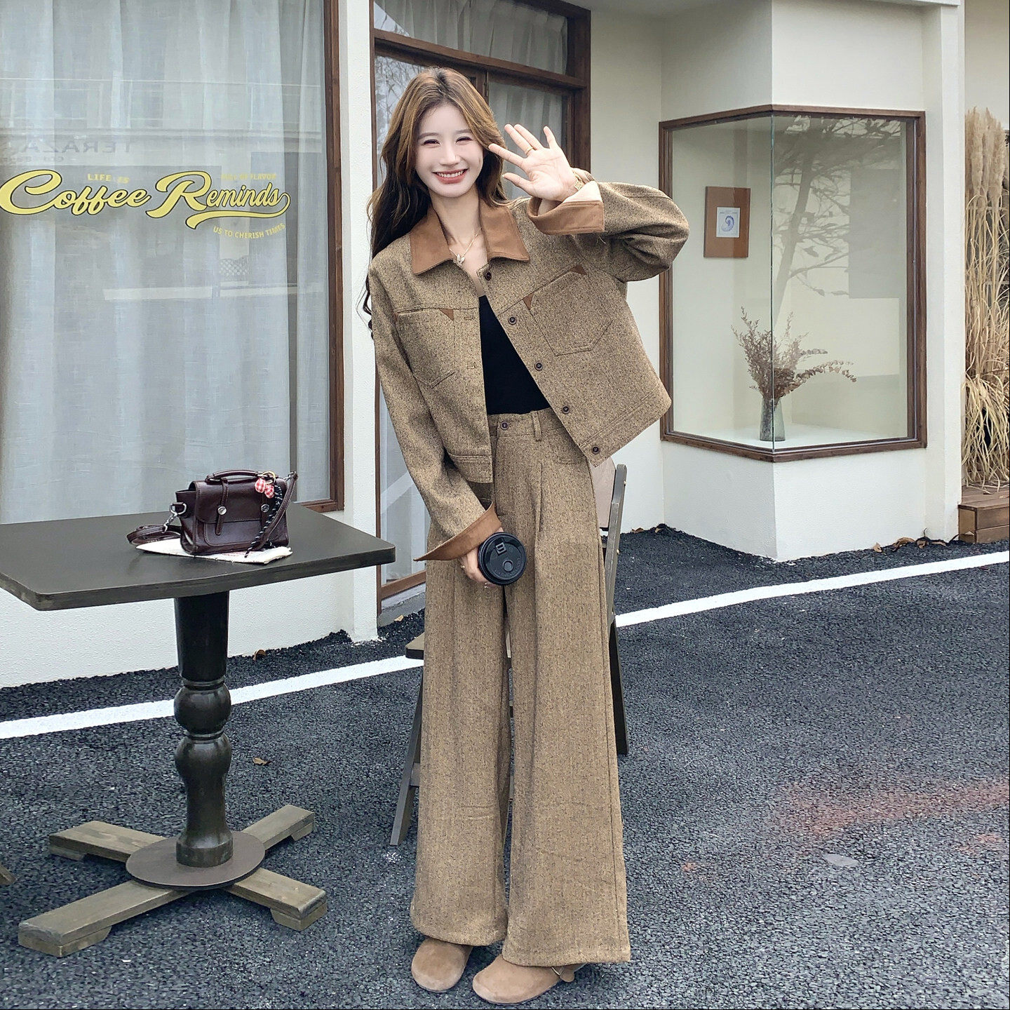 老钱风复古撞色翻领外套阔腿裤套装女秋季新款又酷又飒休闲两件套