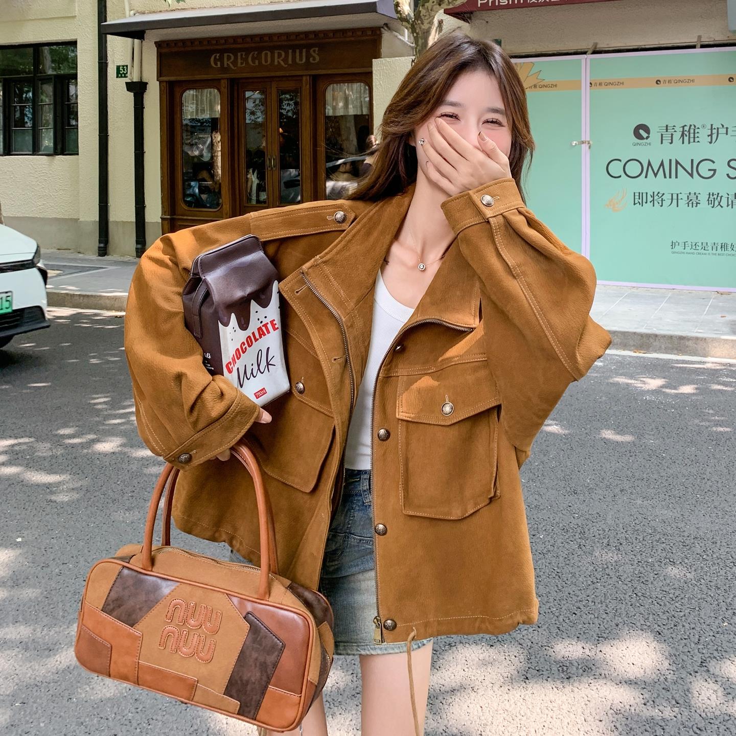 复古美拉德风个性立体口袋宽松外套女春秋时尚立领麂皮绒抽绳夹克