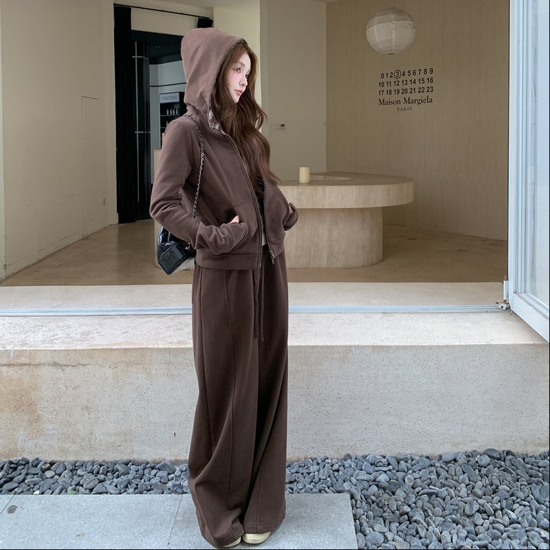 复古撞色帽卫衣长裤运动套装女