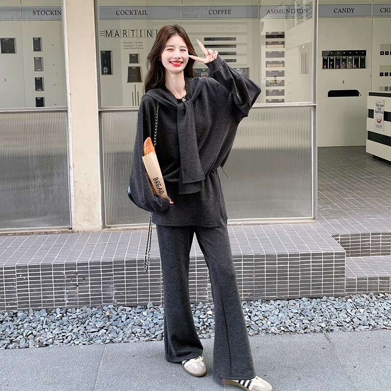 套头时尚套装卫衣慵懒风连帽套装女秋季宽松休闲阔腿裤三件套长袖