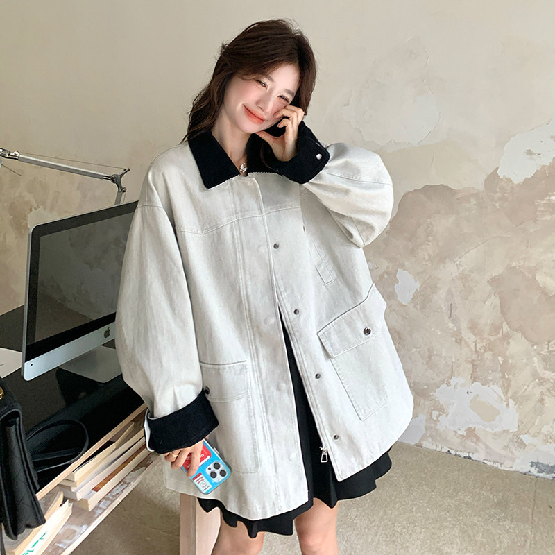 法式撞色休闲翻领外套女时尚秋2025新款学院风百搭洋气工装夹克