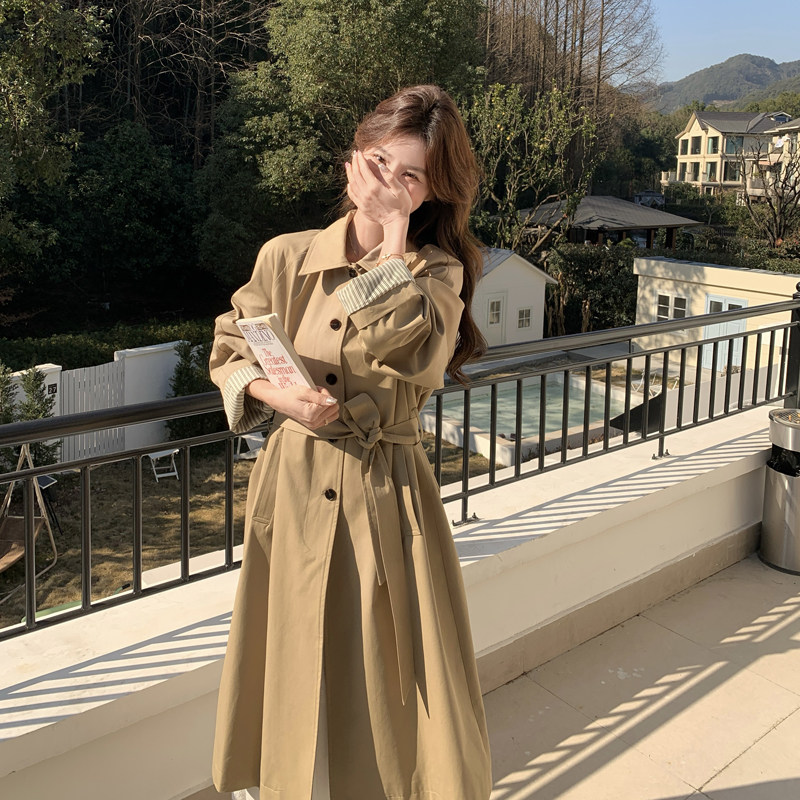 英伦风长款过膝风衣外套女春秋新款韩系简约大方穿搭系带收腰大衣
