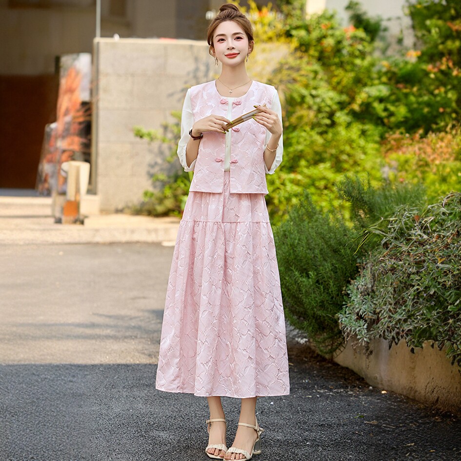 新中式国风内搭衬衫改良旗袍背心三件套半身裙女夏新款气质套装裙