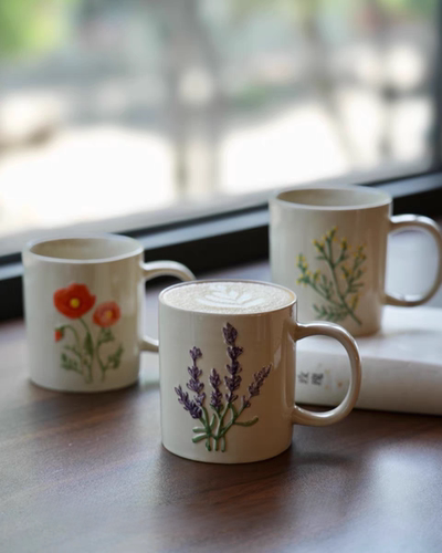 出日本RF花草马克杯320ml高温釉下彩微波炉洗碗机尾单瑕疵@4-2@