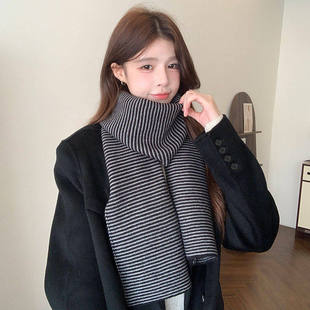 黑白色条纹韩系氛围感2025新款 保暖学生高级感围脖 针织围巾女冬季