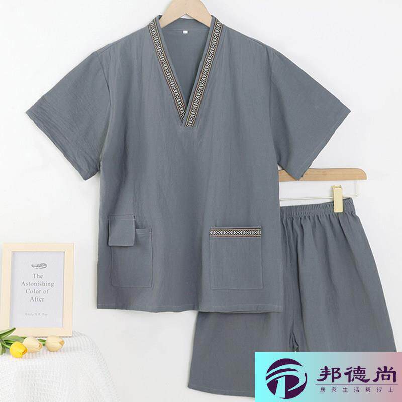 汗蒸服纯棉家居服新款男款洋气纯色足浴服温泉洗浴客人棉麻按摩睡图片