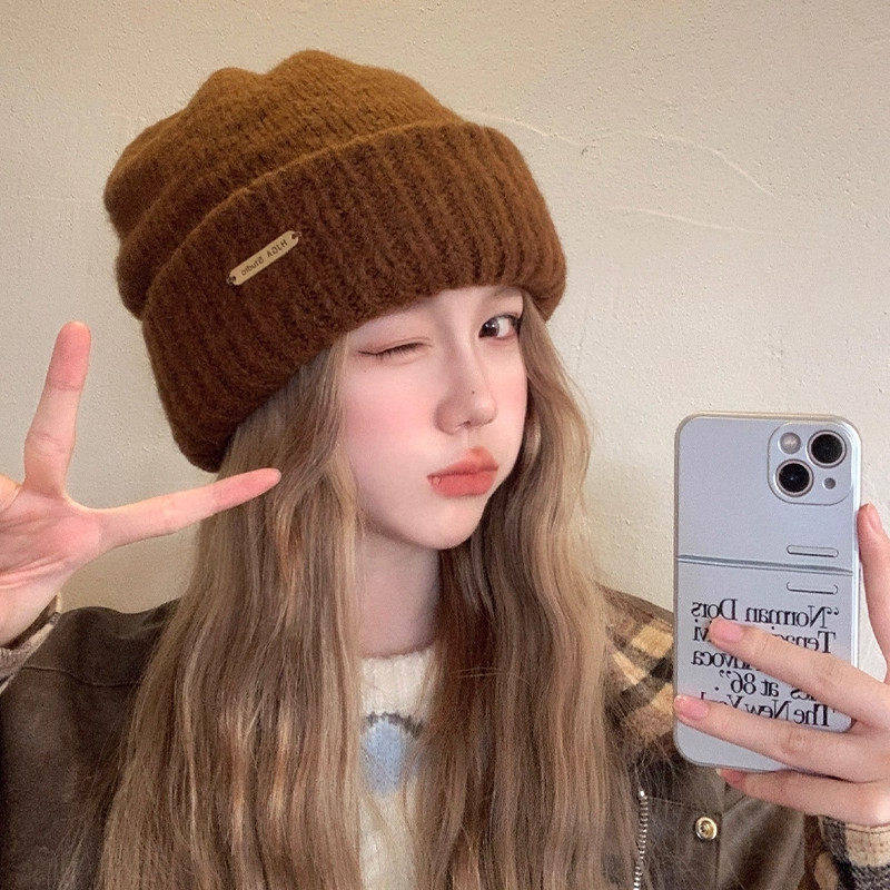 大头围针织毛线帽子女秋冬季包头宽松显脸小百搭加厚保暖护耳冷帽