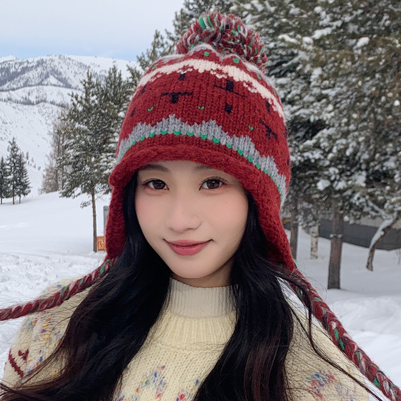 红色费尔岛毛线帽子女冬季加厚保暖护耳显脸小防寒针织包头雷锋帽
