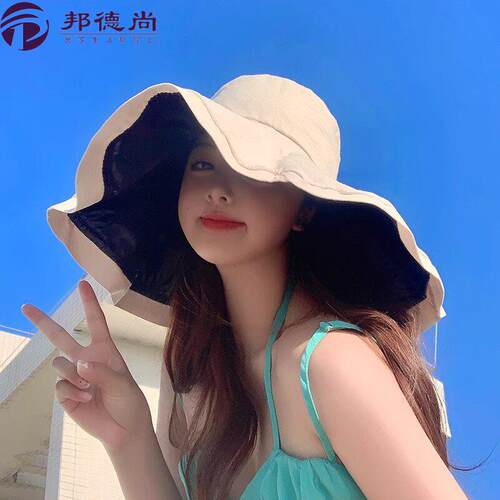 黑胶防晒遮阳帽子女大头围夏季时尚遮脸防紫外线太阳帽UV渔夫帽秋