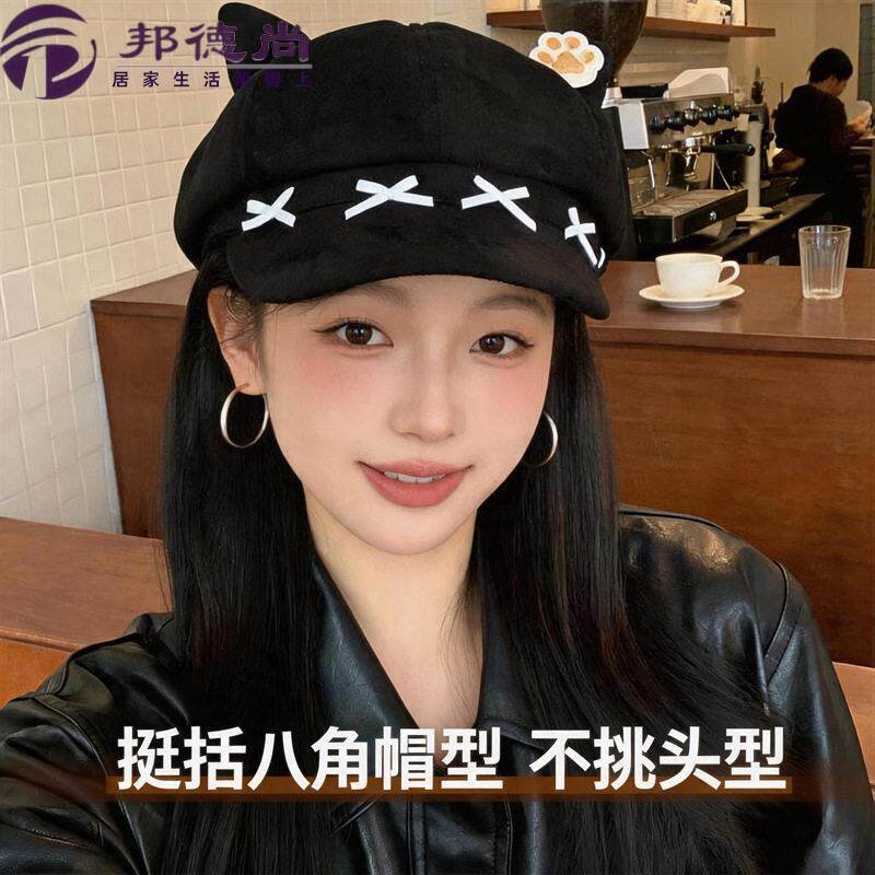 日系复古蝴蝶结猫耳八角帽子女春秋冬时尚显脸小百搭报童帽文艺帽
