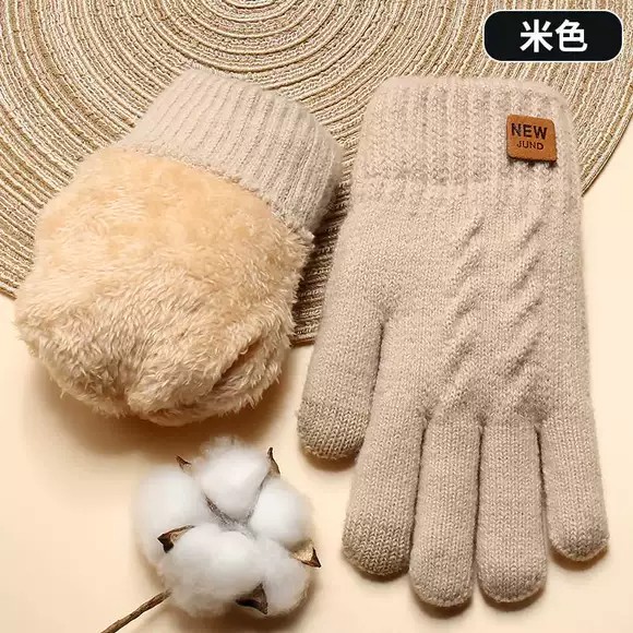 加绒加厚棉手套女冬季情侣东北针织毛线触屏防寒骑行保暖手套冬男
