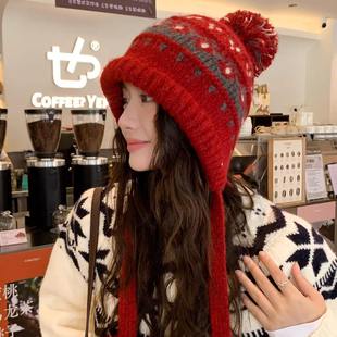 复古提花针织帽子女冬天新年红色大头围显脸小保暖费尔岛风毛线帽