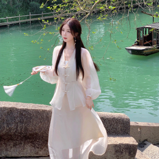 pinkpo 九天仙女落凡尘 新中式盘扣蝉翼衬衫薄纱半裙套装女夏