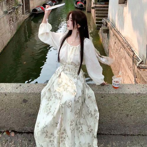 [THEPINKPO|青影]沐浴春兰 新中式圆领小衫印花提花马面裙套装