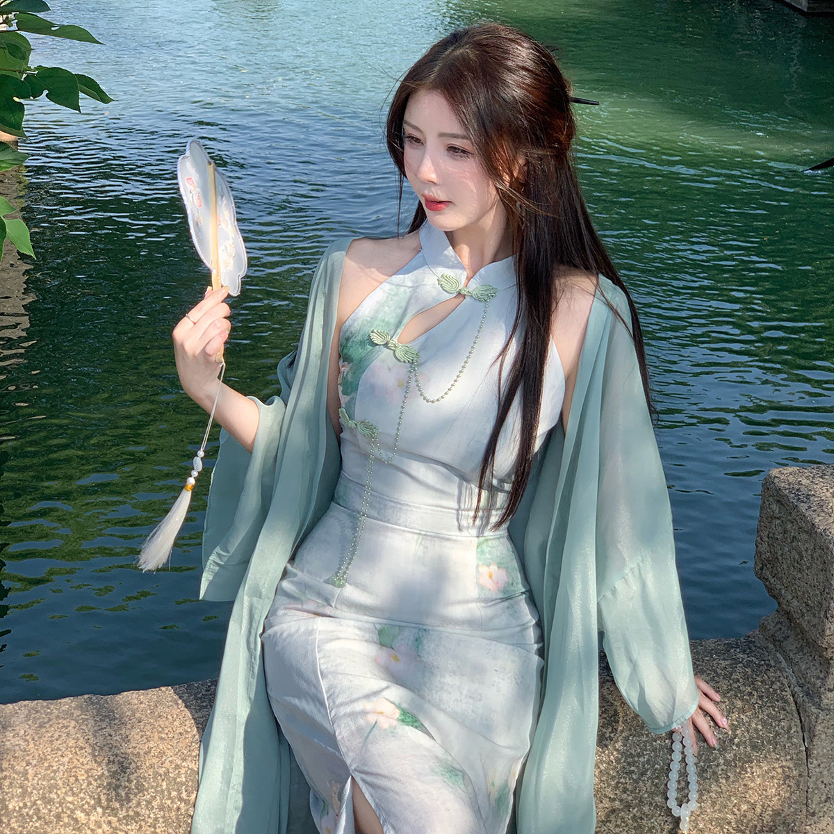 pinkpo 天青色等烟雨 新中式无袖盘扣修身旗袍长开衫套装,女装/女士精品,时尚套装,淘宝优惠券,粉丝福利购,淘宝优惠卷