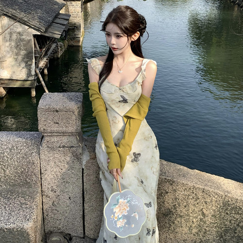 [THEPINKPO|青影] 羽化成蝶 波浪边吊带蝴蝶印花连衣裙长裙