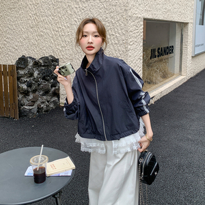 蕾丝花边拼接外套女2025年春季新款小个子休闲运动撞色条纹夹克潮图片