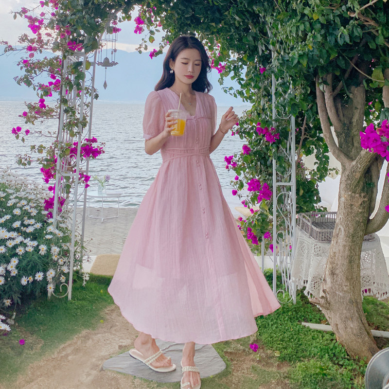 现货粉色收腰显瘦甜美连衣裙2C369-6006-P115控168，女装连衣裙，浙宝271