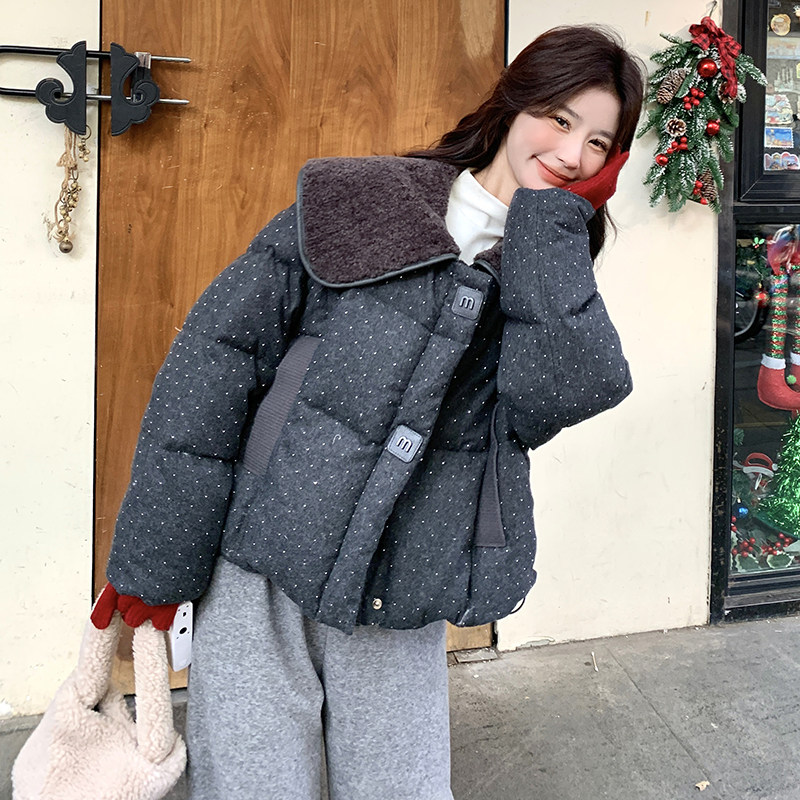羊羔毛娃娃领波点羽绒服外套女新款韩系小个子短款90白鸭绒面包服,女装羽绒服,浙宝271
