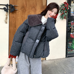 羊羔毛娃娃领波点羽绒服外套女新款韩系小个子短款90白鸭绒面包服图片