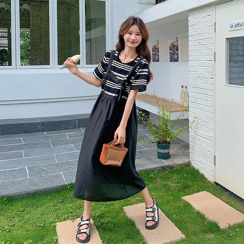 现货条纹拼接假两件宽松慵懒风休闲连衣裙2C369-6197P125K178，女装连衣裙，浙宝271