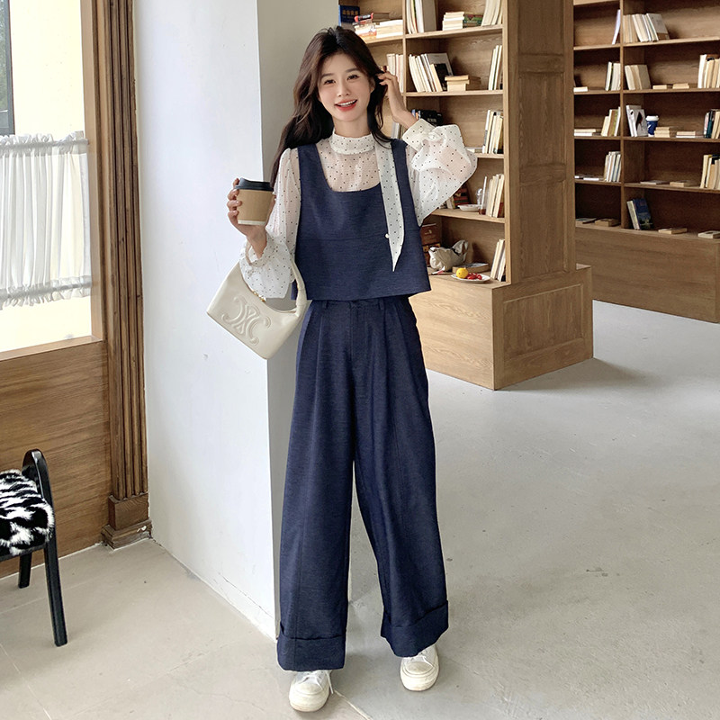 2025春季新款韩系波点衬衣马甲搭阔腿裤套装女时尚洋气减龄三件套,女装套装/套裙,浙宝271