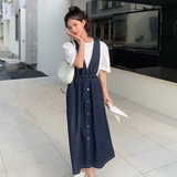 高腰挂脖式夏季无袖单排扣连衣裙时尚百搭减龄夏装大码显瘦小个子，女装连衣裙，浙宝271