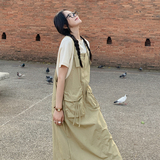 独特漂亮学院风卡其色背带连衣裙女夏新款超好看工装风连身长裙子，女装连衣裙，浙宝271