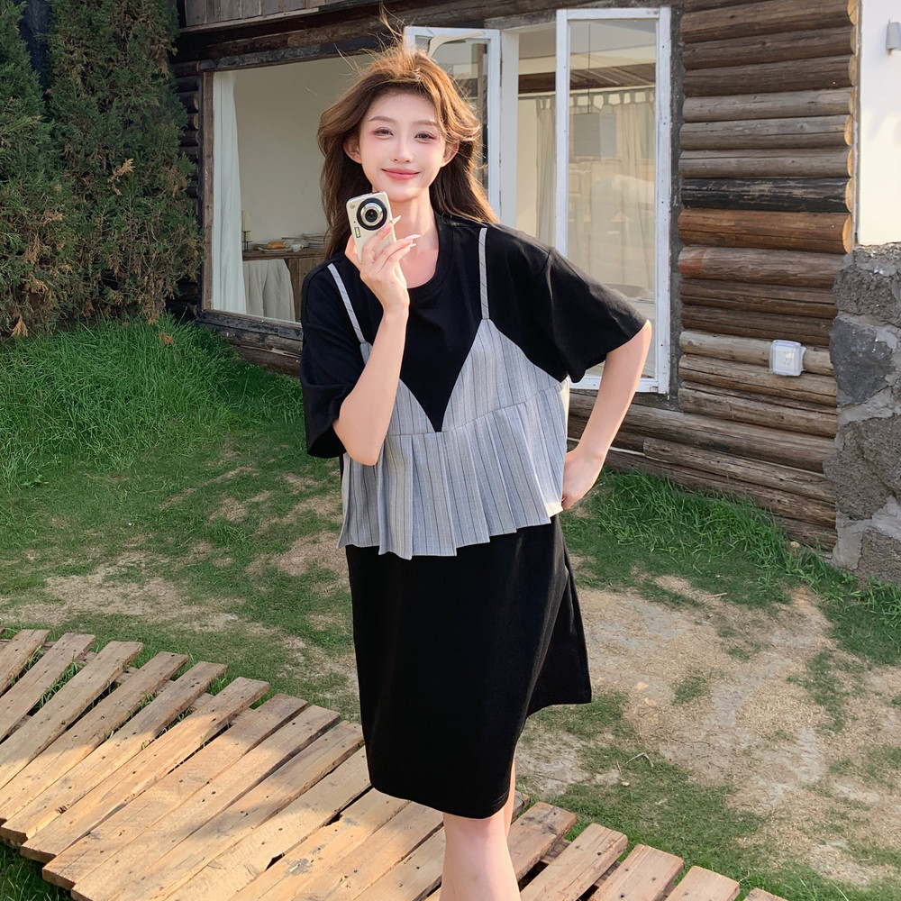 韩系假两件条纹吊带拼接T恤裙女2025新款夏季优雅气质减龄中长裙,女装连衣裙,浙宝271
