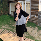 韩系假两件条纹吊带拼接T恤裙女2025新款夏季优雅气质减龄中长裙，女装连衣裙，浙宝271