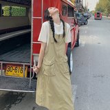 独特漂亮学院风卡其色背带连衣裙女夏新款超好看工装风连身长裙子，女装连衣裙，浙宝271