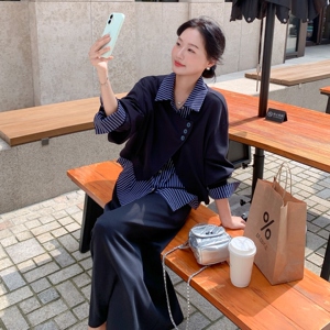 温柔假两件条纹拼接上衣半身裙套装女2025秋季慵懒减龄淡人一整套图片