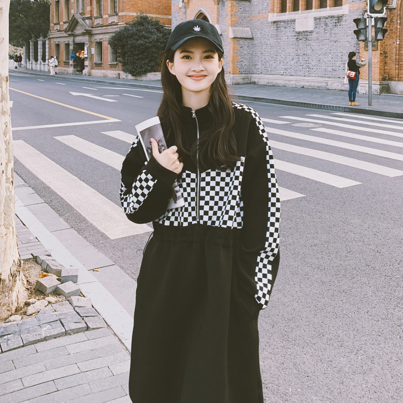 黑色拼接洋气卫衣裙女2025春秋新款高级感气质休闲显瘦大码连衣裙，女装连衣裙，浙宝271