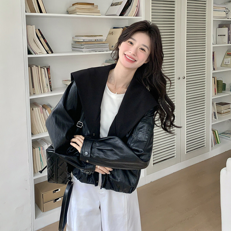 超火又a又飒黑色海军领皮衣外套女春秋2025新款复古休闲pu皮夹克图片